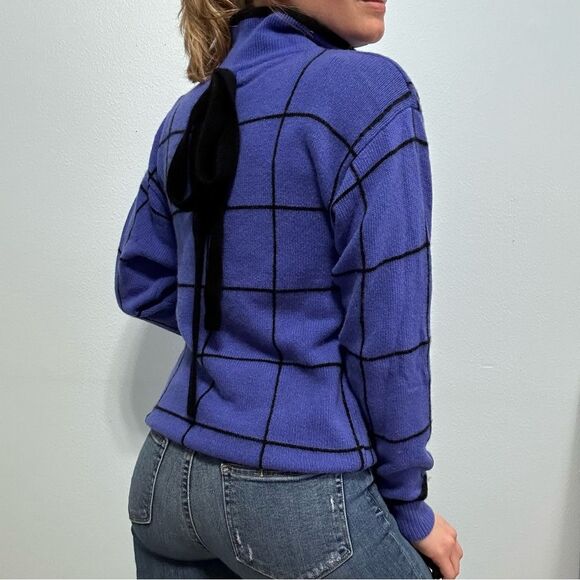 Neiman Marcus Cobalt Blue Window-pain Cashmere Turtleneck Sweater Sz S Bow - Picture 3 of 10